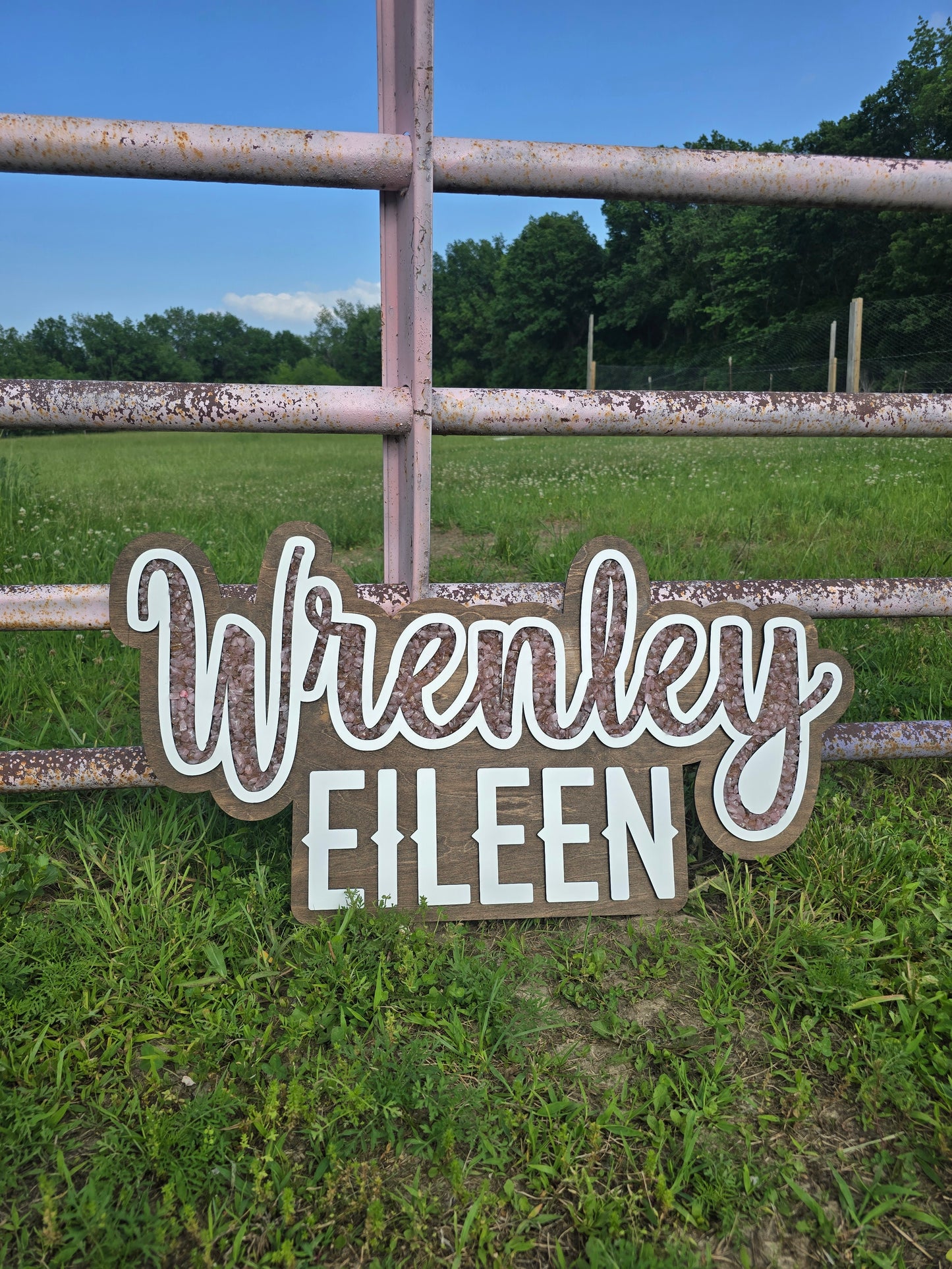 35" layered name sign, with pink crystals and epoxy sealing them in place.