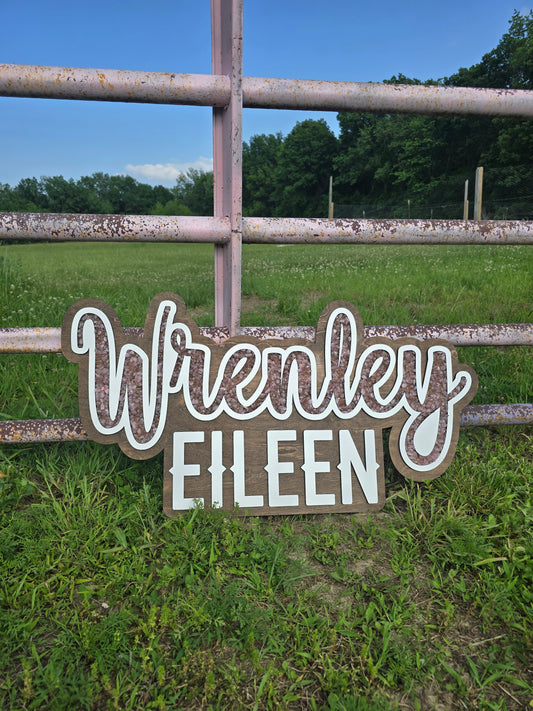 35" layered name sign, with pink crystals and epoxy sealing them in place.